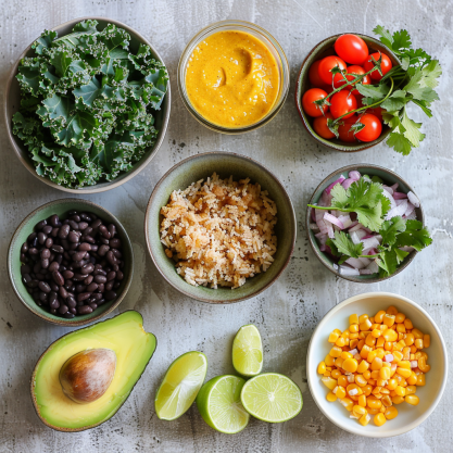 Amateur photo from Reddit, taken with an iPhone 15 Pro. A neatly arranged selection of fresh ingredients is laid out on a cool, light-gray surface. At the top left, a bowl of curly kale shows its textured, crinkled leaves, slightly coated in dressing. Next, a bowl of fluffy, pale brown rice sits, the grains slightly separated. Below, a small jar of creamy, light orange sauce with a spoon is centered. To the right, a bowl of shiny, red and yellow cherry tomatoes with green stems adds a vibrant pop of color. In the center, a bowl of shiny black beans glistens, each bean plump and smooth. To the bottom left, bright yellow corn kernels appear charred in spots, adding a rustic touch. A small bowl of fresh cilantro, diced red onion, and two lime wedges is placed for garnish. Finally, a ripe avocado, cut in half, reveals its smooth, light-green flesh and round, brown pit. —style raw —v 6.0